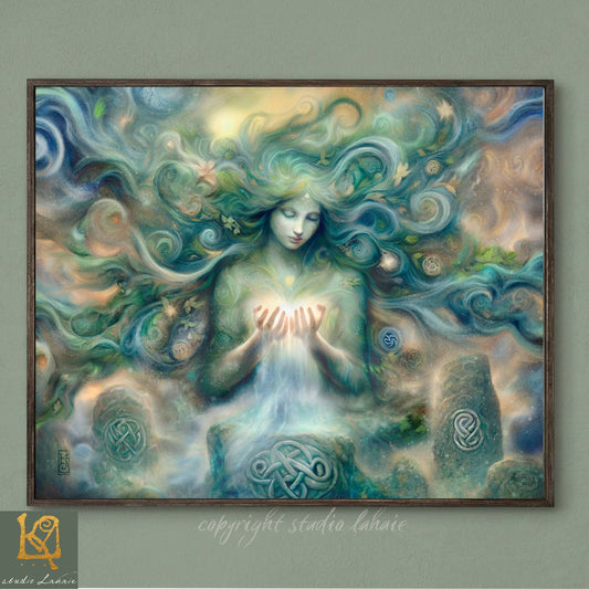 The image is a painting depicting a woman with flowing hair and a radiant aura, surrounded by swirling patterns and symbols, conveying a sense of mystical energy and spiritual connection.