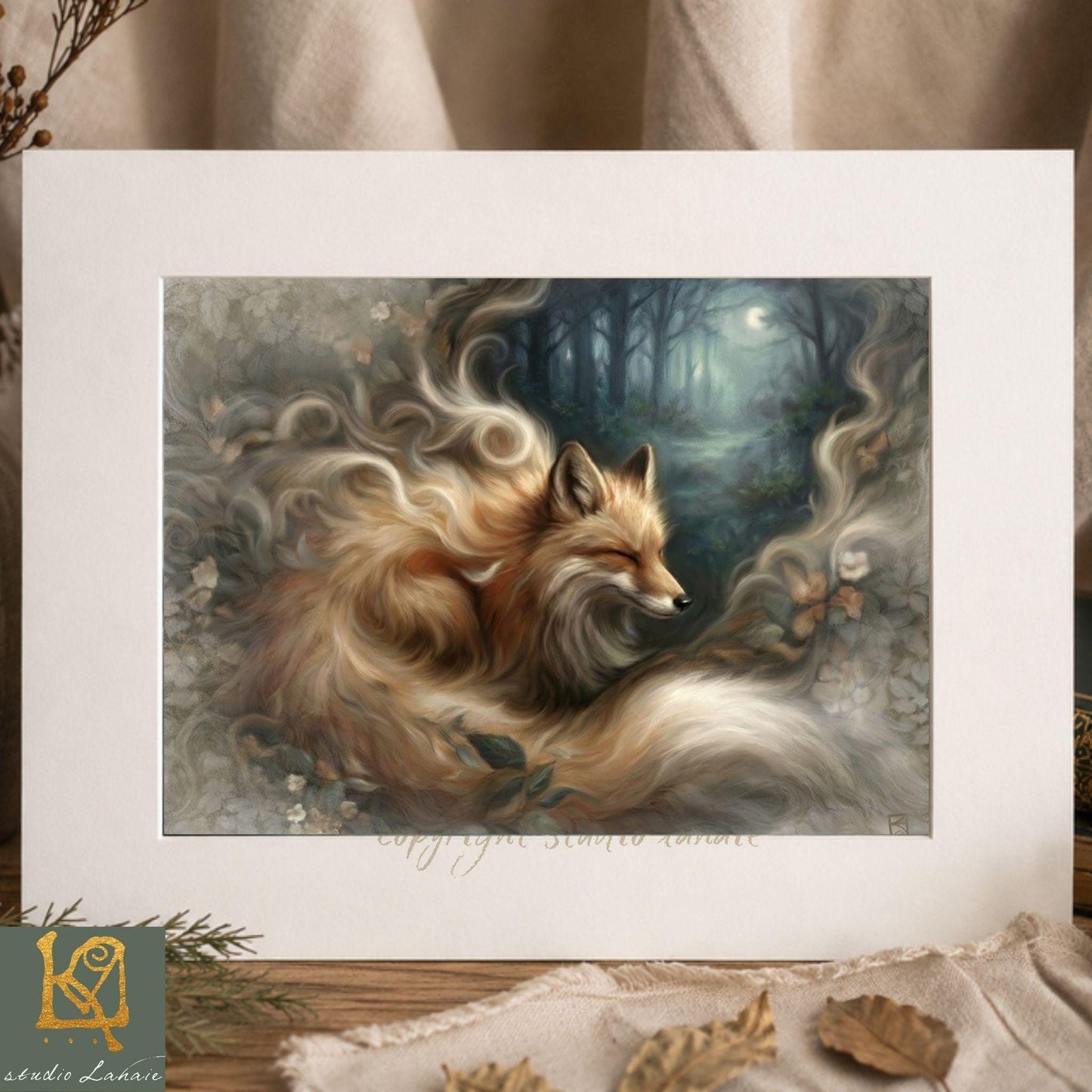 The image is a painting of a fox curled up in a den, surrounded by a forest and a crescent moon.