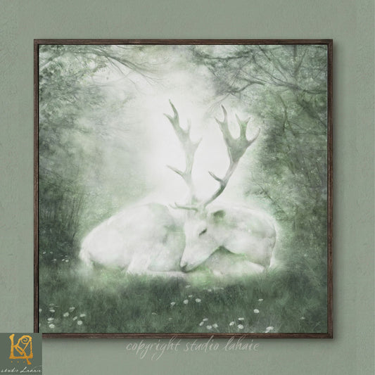 A white deer rests peacefully in a lush, verdant forest, its antlers reaching towards the sky.