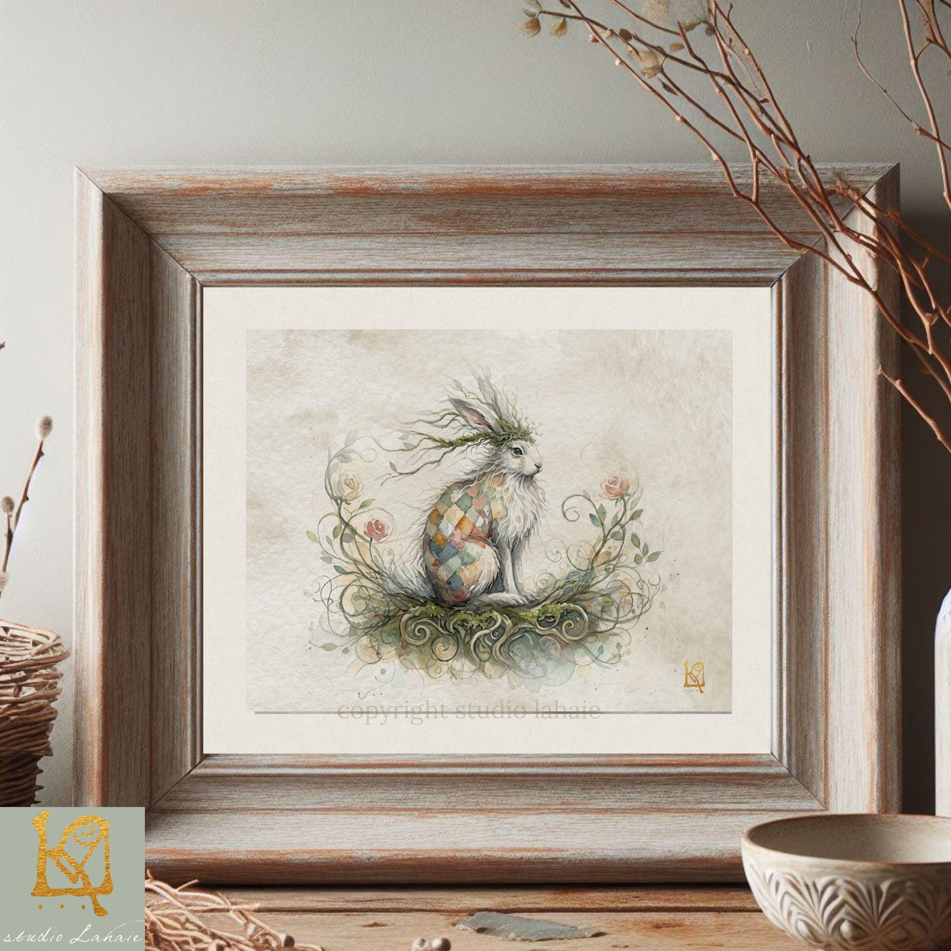 a framed painting of a rabbit sitting on a branch with flowers and leaves, surrounded by a natural, whimsical scene.