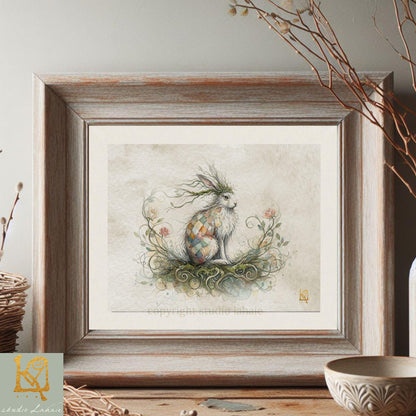 a framed painting of a rabbit sitting on a branch with flowers and leaves, surrounded by a natural, whimsical scene.