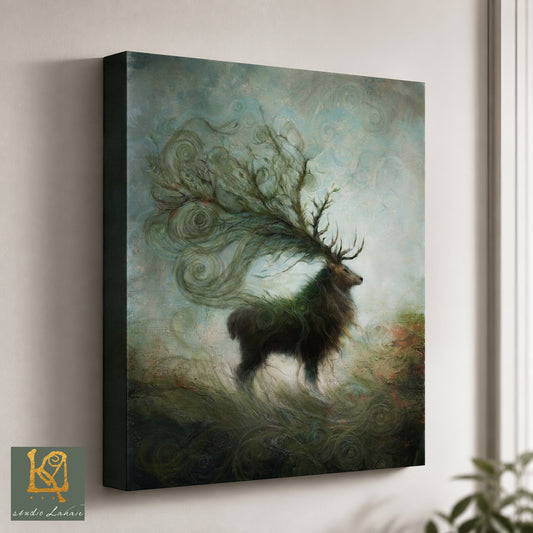 The image is a painting of a majestic deer with large antlers, standing in a misty forest.
