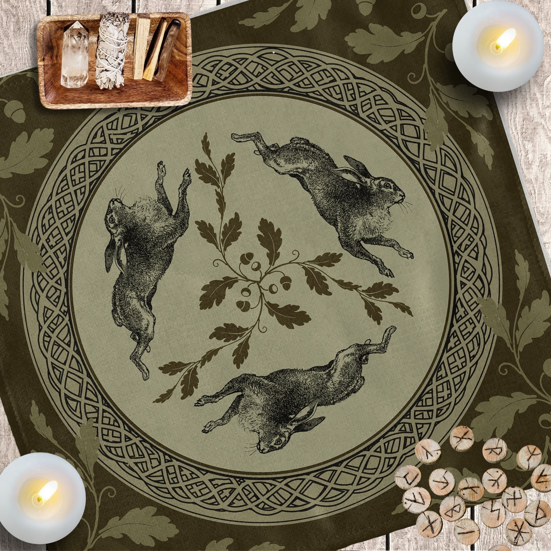 a rug with a picture of rabbits on it