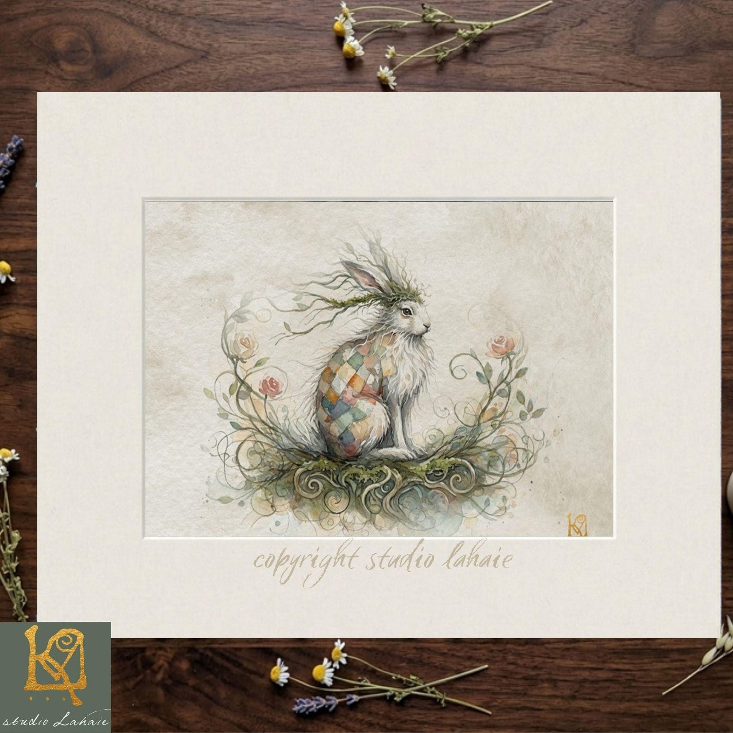 The image is a framed artwork depicting a whimsical illustration of a rabbit or hare sitting amidst a lush, floral-themed background.