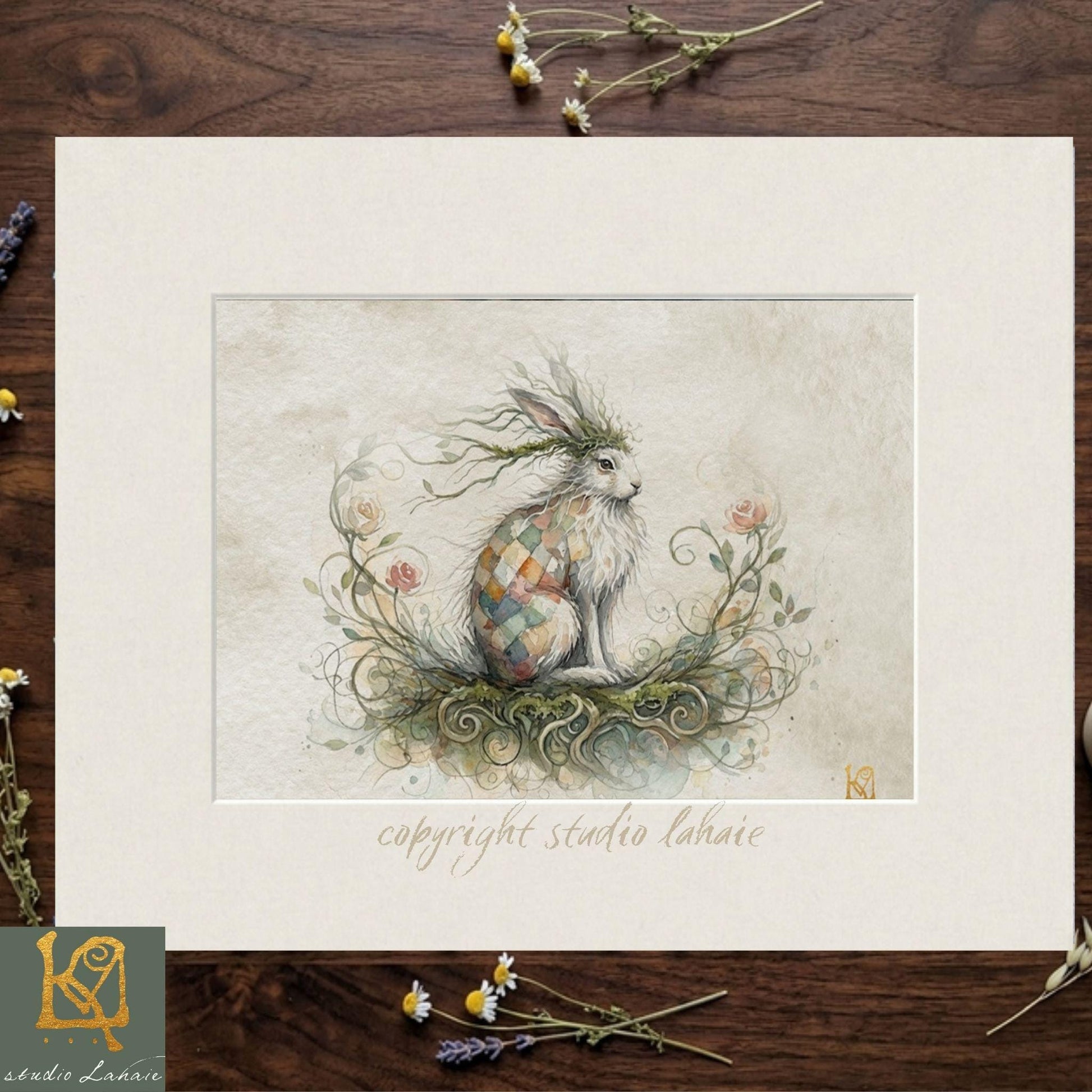 The image is a framed artwork depicting a whimsical illustration of a rabbit or hare sitting amidst a lush, floral-themed background.