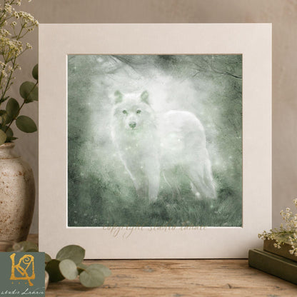 A framed painting of a white wolf standing in a forest, surrounded by mist and greenery.