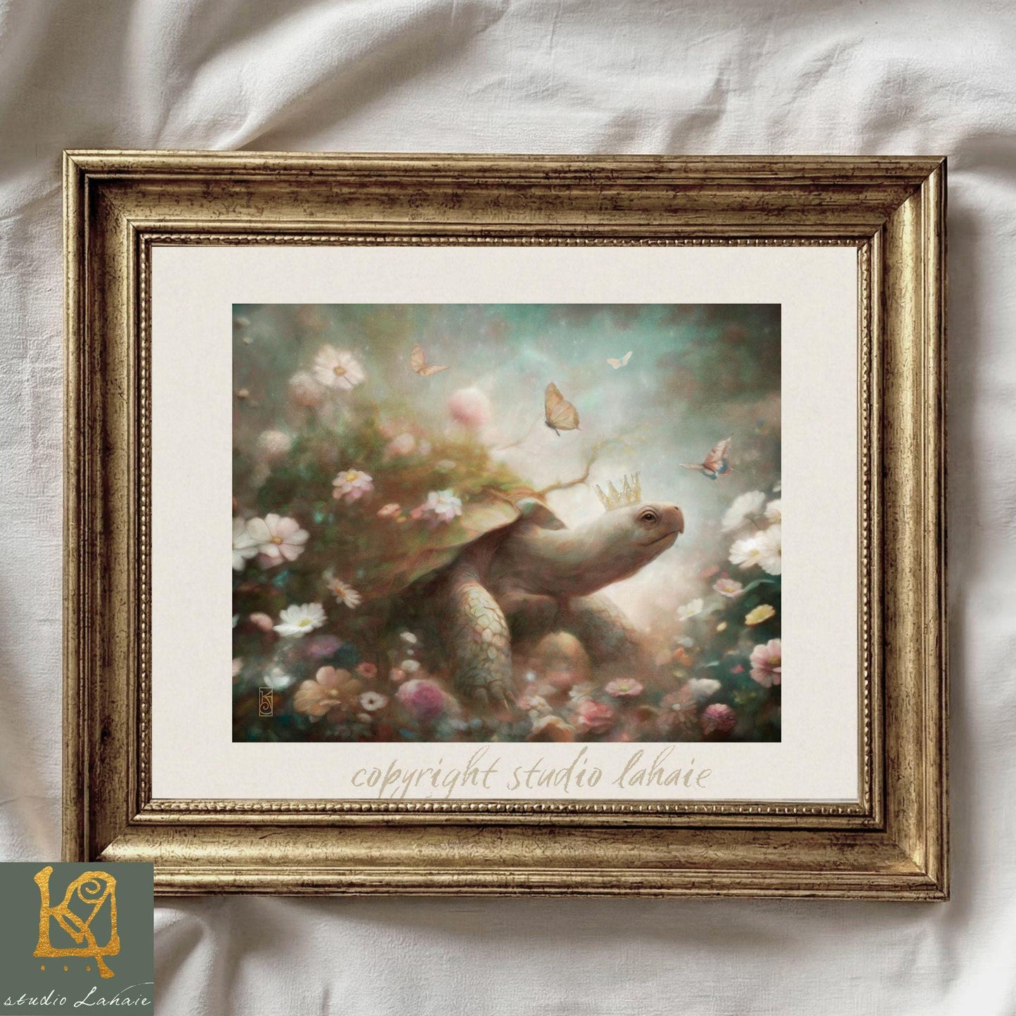 The image is a framed painting depicting a large turtle surrounded by a vibrant floral scene, with butterflies fluttering around it.