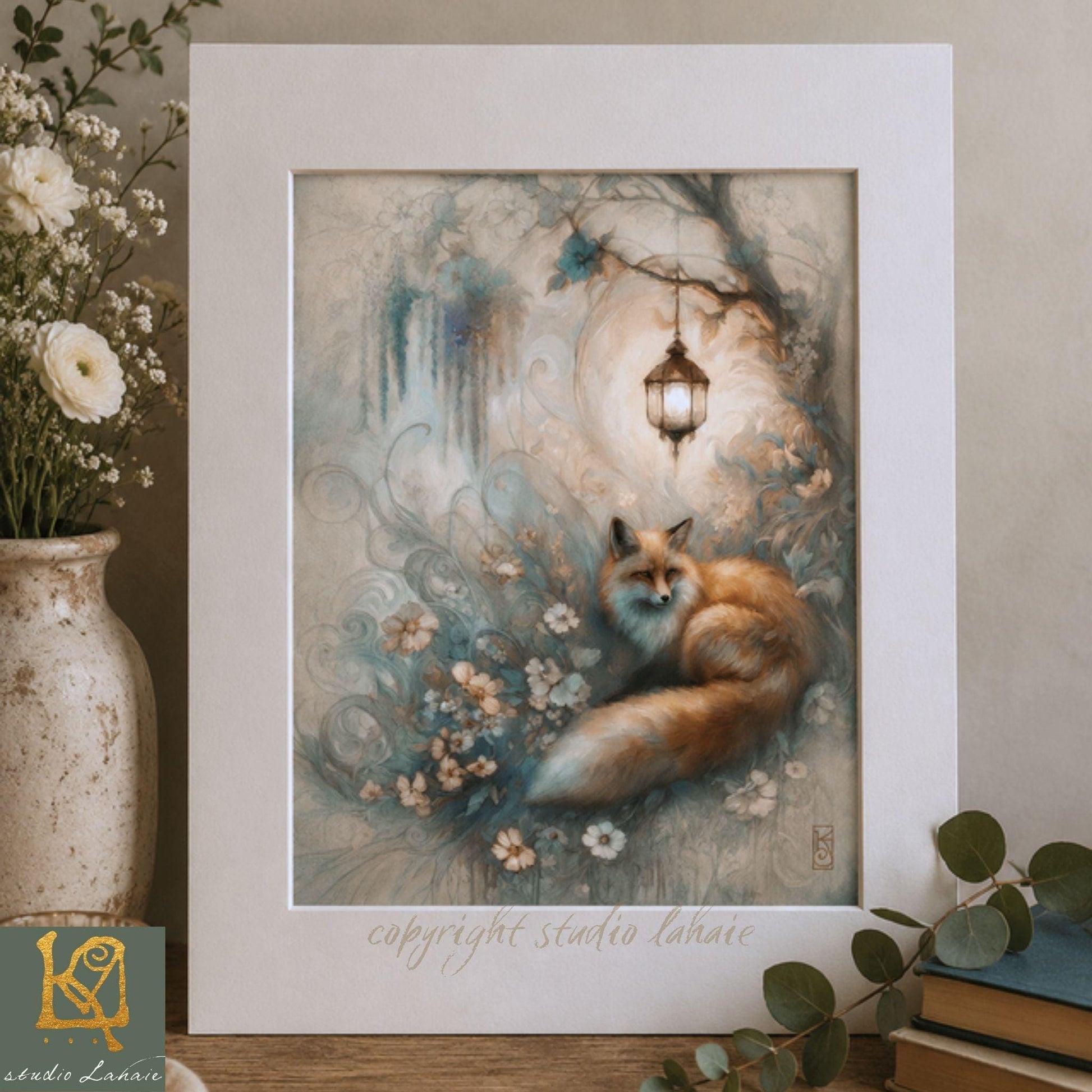 A framed painting depicting a fox curled up in a peaceful, floral-filled forest, with a lantern hanging from a tree branch in the background.