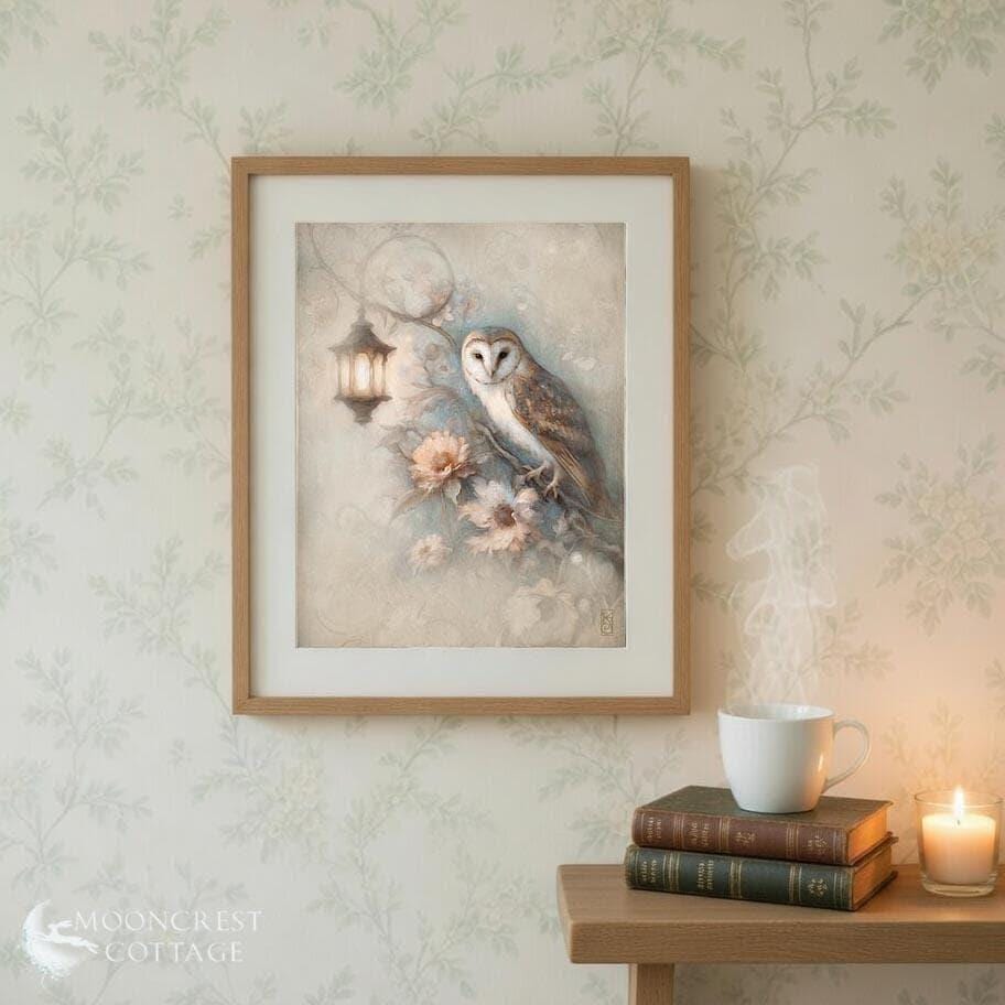 a framed painting of an owl perched on a branch, with a lantern and flowers in the background, hanging on a wall above a wooden table with a stack of books and a cup of tea.