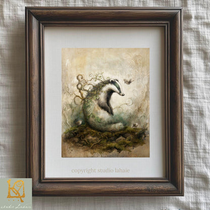 The image is a framed artwork depicting a badger surrounded by a lush, verdant landscape.
