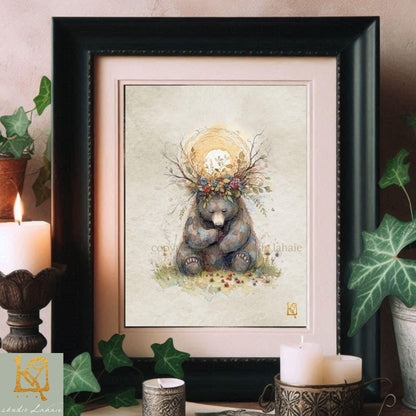 a framed painting of a bear sitting in a grassy field, surrounded by flowers and leaves, with a crown on its head.