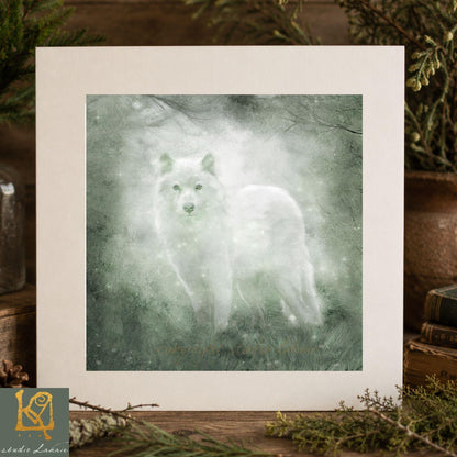 A white wolf standing in a forest, surrounded by trees and foliage.