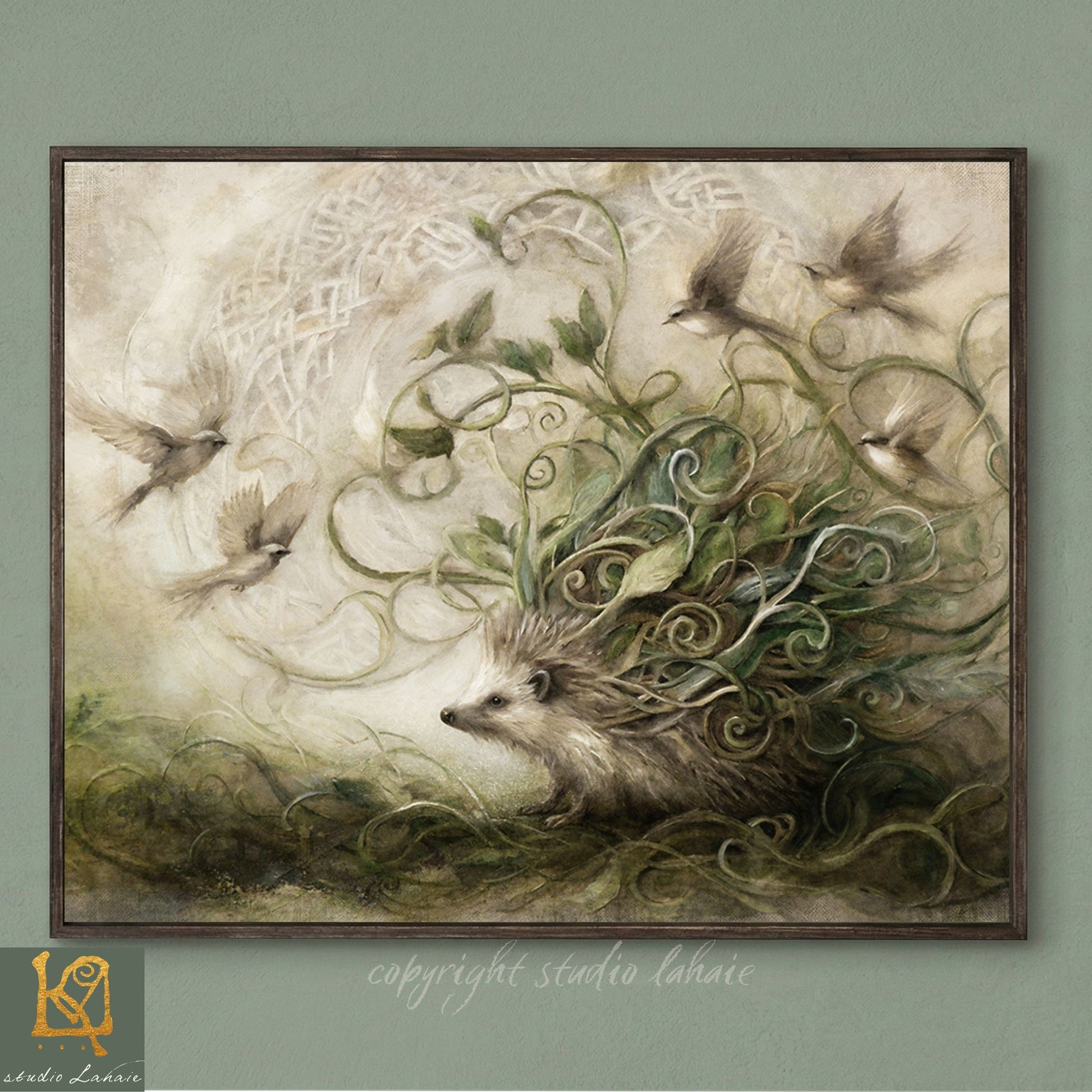 The image is a painting depicting a hedgehog surrounded by birds and plants, with a dreamlike, fantastical atmosphere.