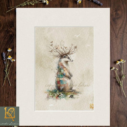 The image is a framed print depicting a meerkat standing on a grassy surface, surrounded by flowers and branches.