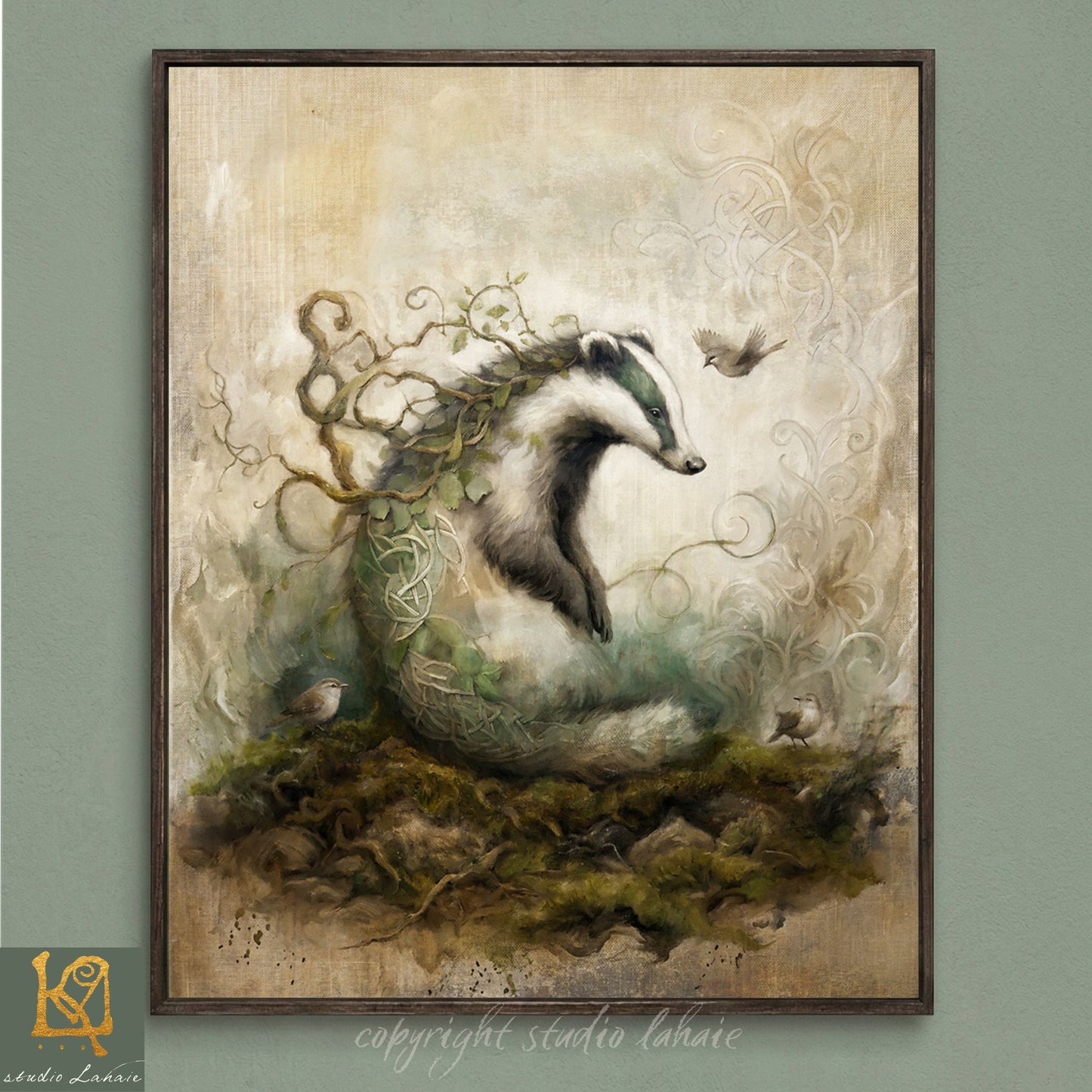 The image is a painting depicting a badger surrounded by a lush, verdant landscape with birds and other wildlife.