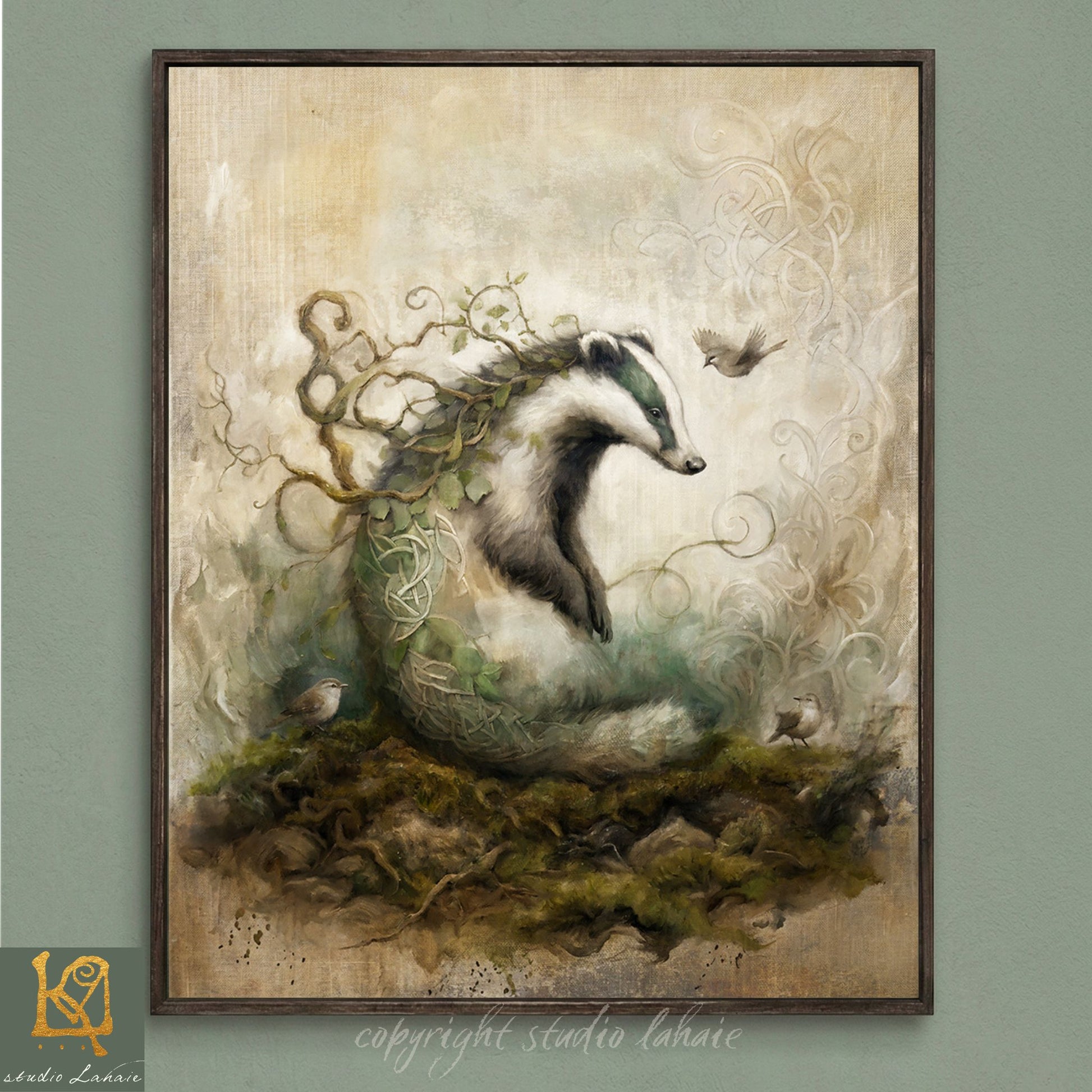 The image is a painting depicting a badger surrounded by a lush, verdant landscape with birds and other wildlife.