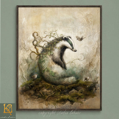 The image is a painting depicting a badger surrounded by a lush, verdant landscape with birds and other wildlife.