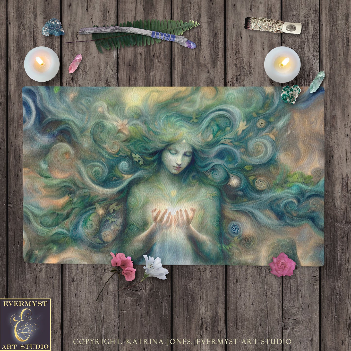 a painting of a woman surrounded by flowers and candles