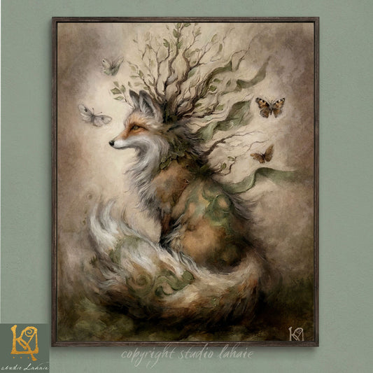 The image is a painting depicting a fox surrounded by a lush, verdant forest. The fox has a long, flowing mane and is adorned with leaves and branches, creating a sense of harmony between the fox and its natural surroundings.