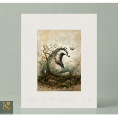 The image is a painting of a badger with a bird perched on its back, surrounded by a lush, natural environment.