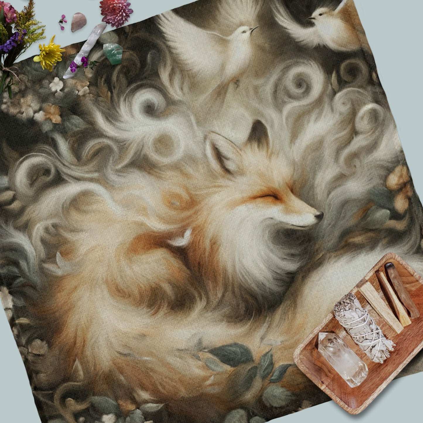 a painting of a fox laying on a bed of flowers