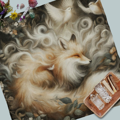 a painting of a fox laying on a bed of flowers