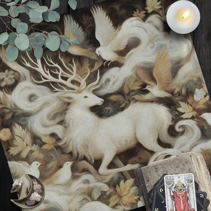 a painting of a deer surrounded by birds and flowers