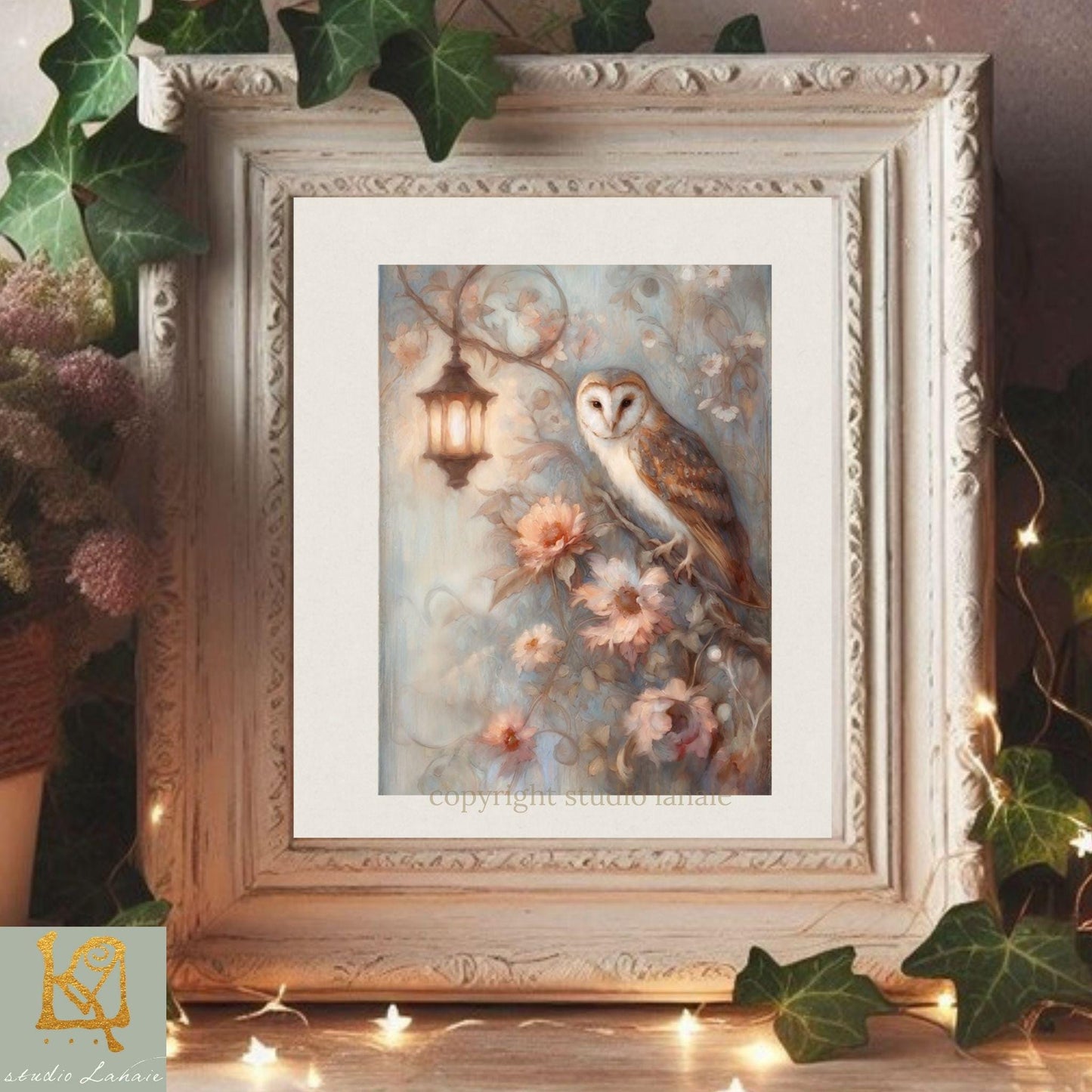 A framed painting of a brown owl perched on a branch with pink flowers, illuminated by a lantern, is displayed on a wooden surface.