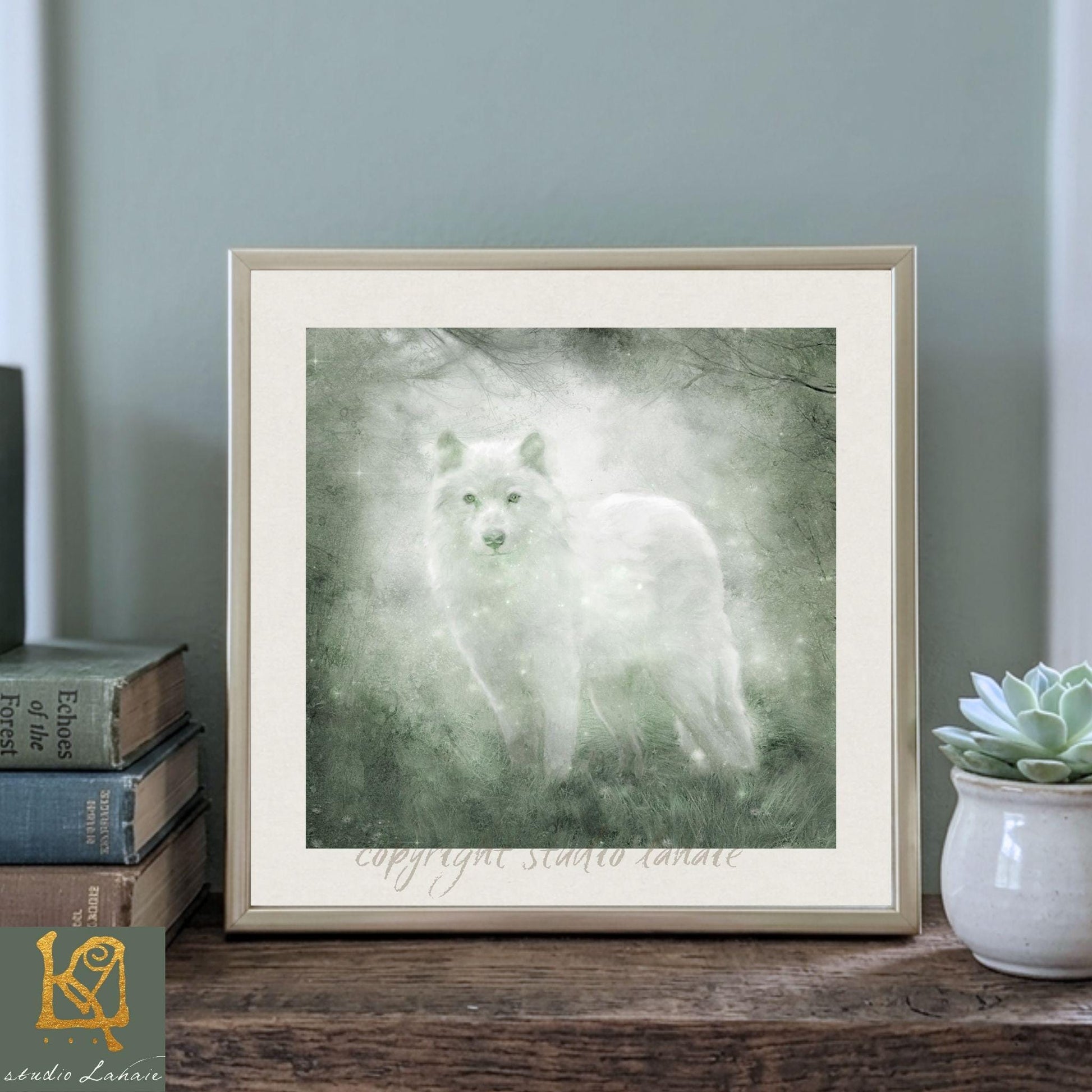A framed painting of a white wolf standing in a forest, with a green and white color scheme.