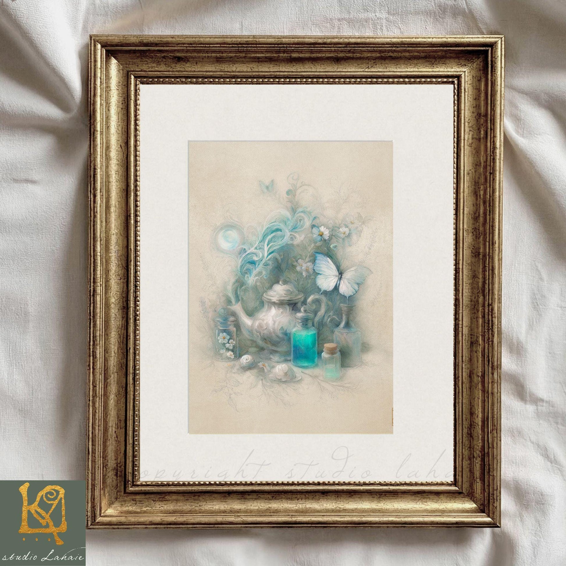 The image is a framed artwork depicting a teapot, butterflies, and flowers, all rendered in a watercolor style.