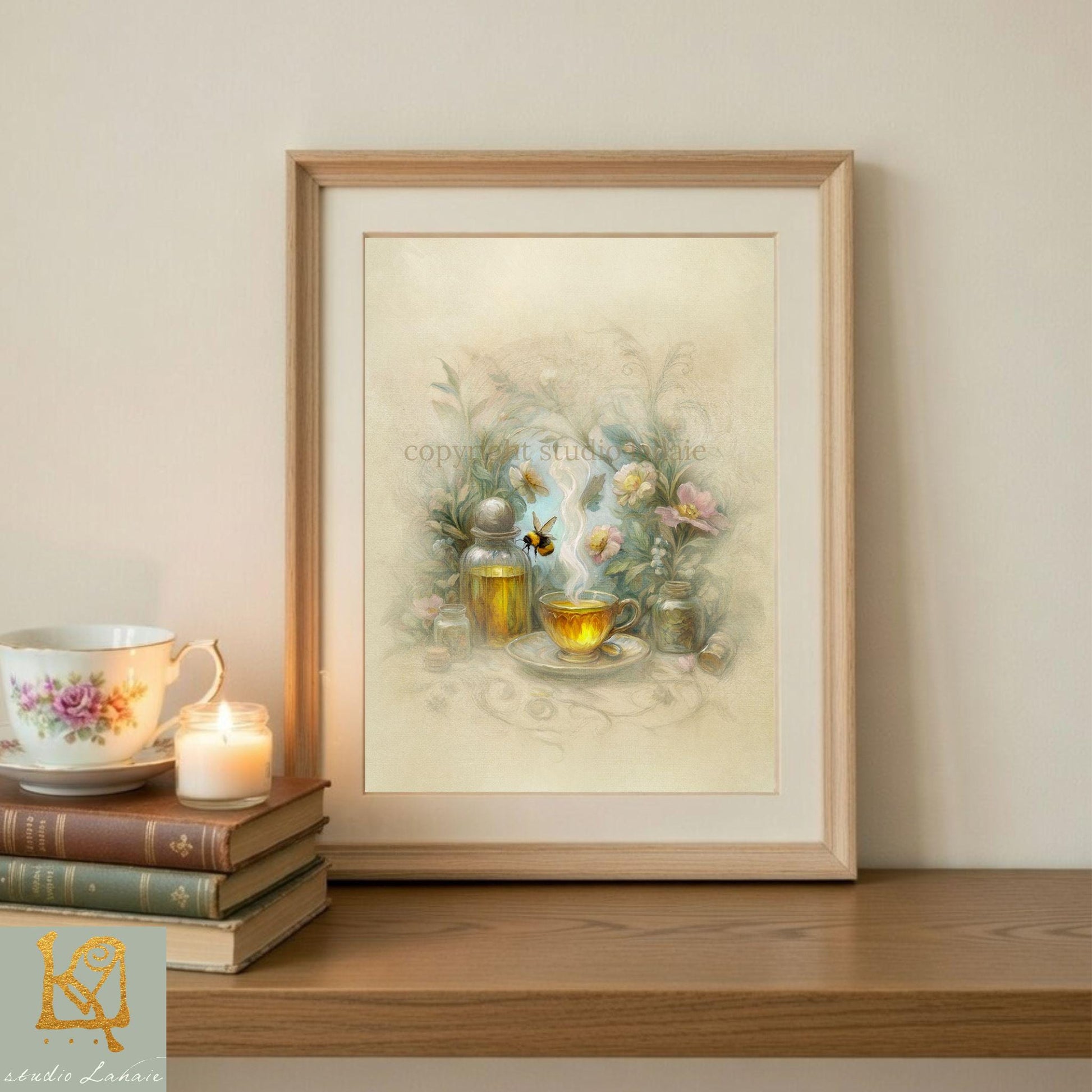 a framed painting of a tea set with flowers, placed on a wooden shelf next to a stack of books and a lit candle.