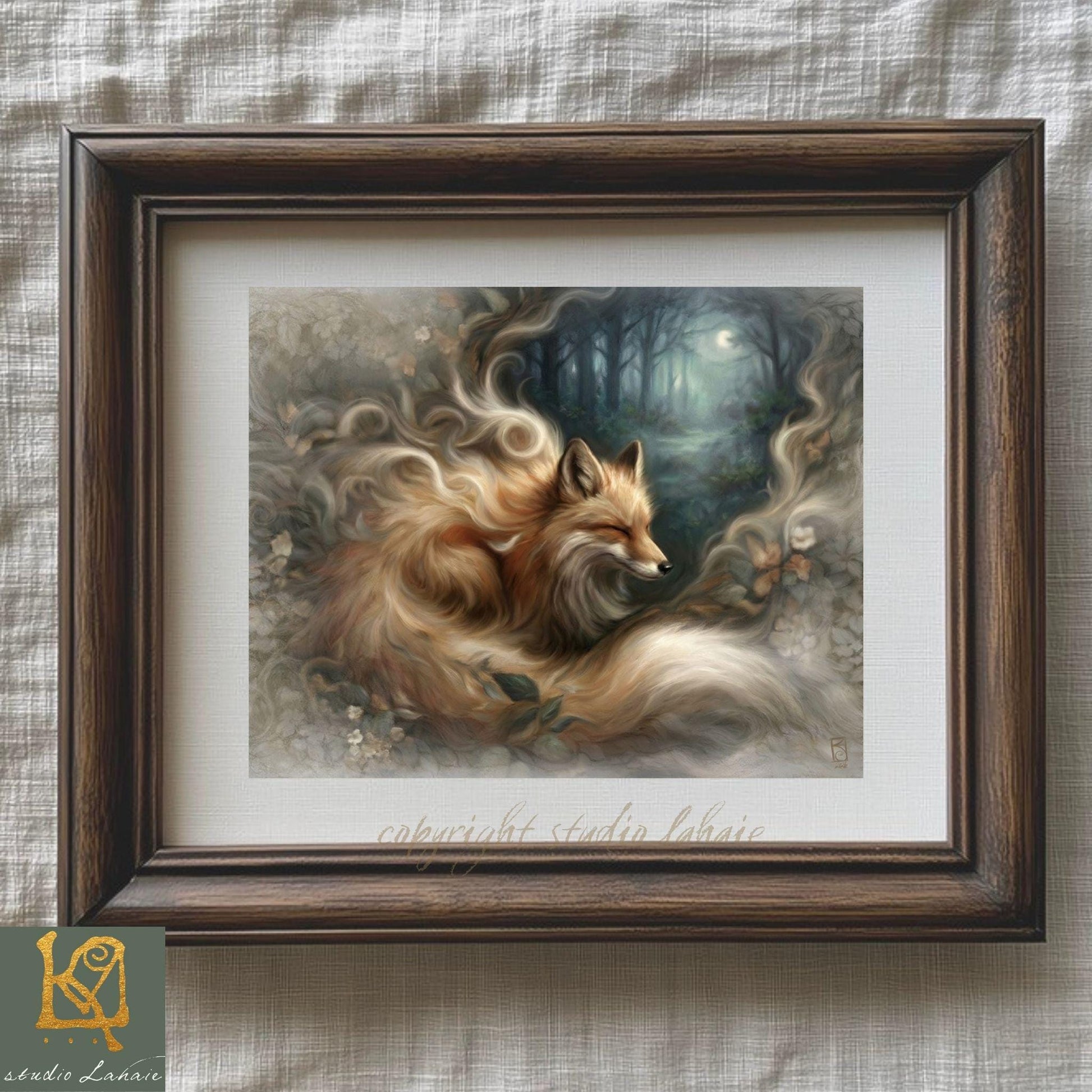 The image is a framed painting depicting a fox in a forest setting, with a moonlit background.
