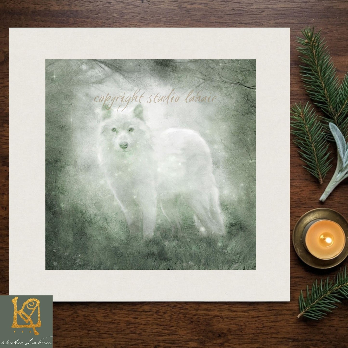 A white wolf standing in a forest, surrounded by pine branches and a lit candle, creating a serene and peaceful atmosphere.