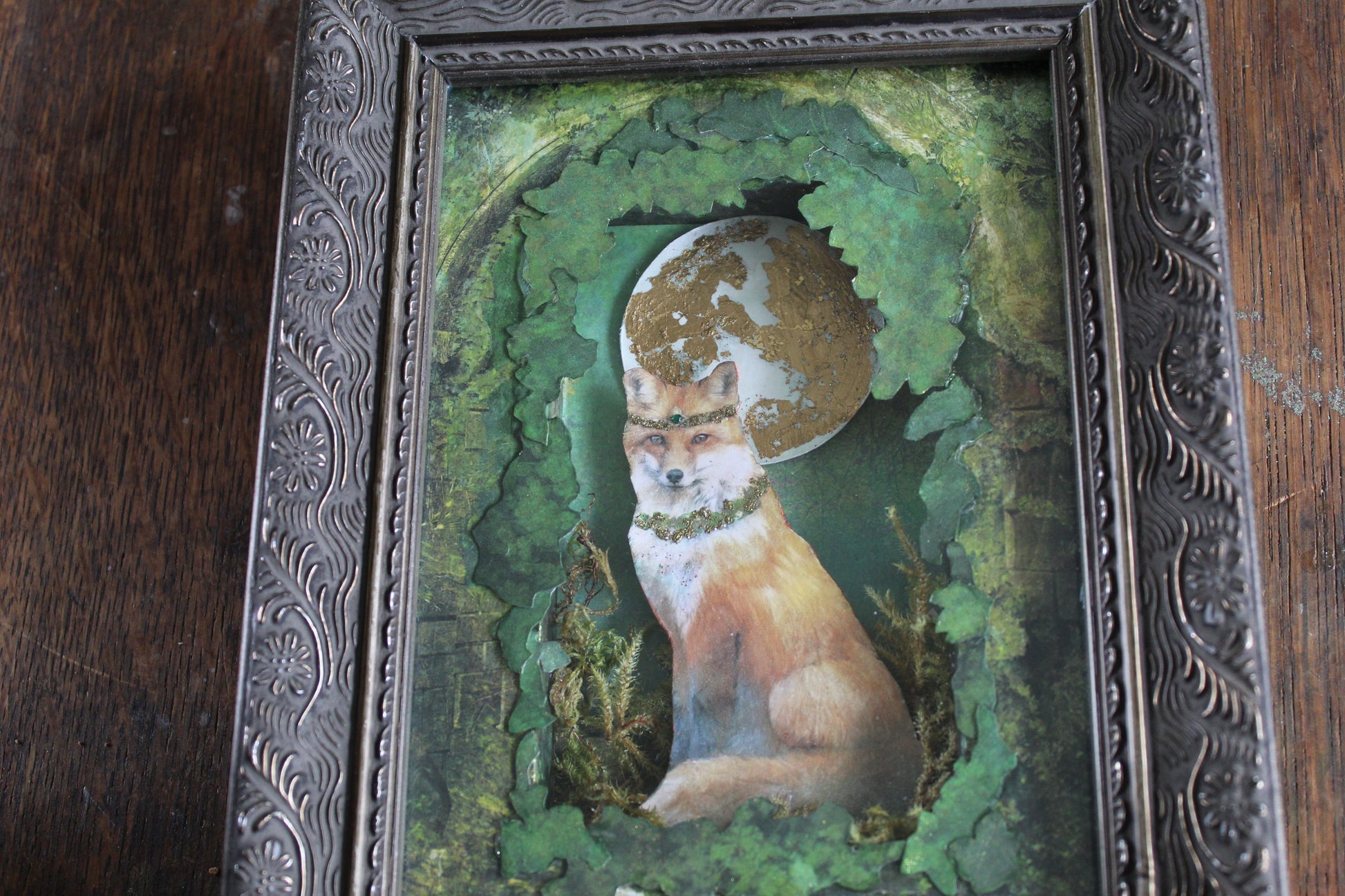 Original Art - Gilded Grove Fox Framed Mixed Media Art | 3D Cut Paper Assemblage Shadow Box Mixed Media