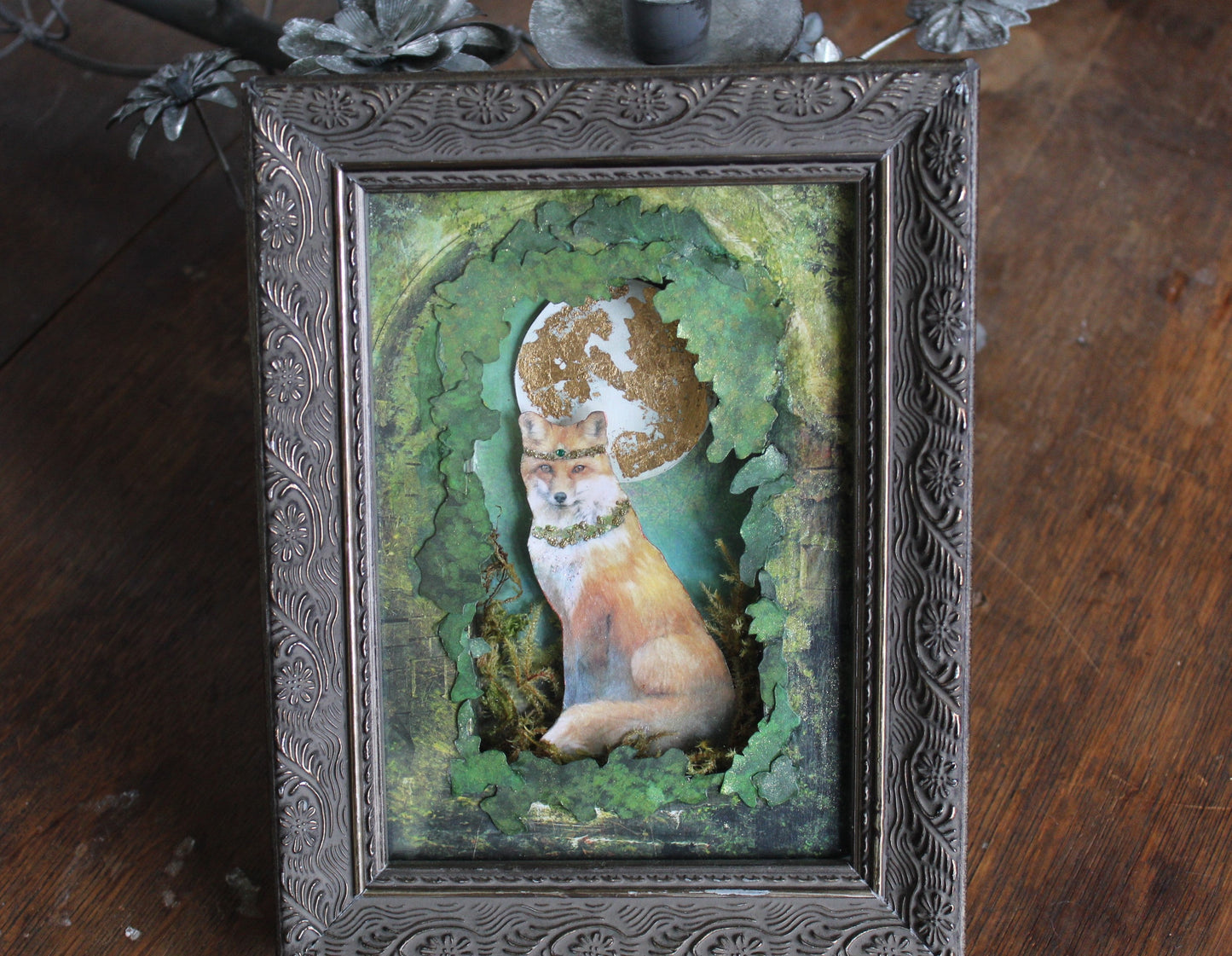 Original Art - Gilded Grove Fox Framed Mixed Media Art | 3D Cut Paper Assemblage Shadow Box Mixed Media