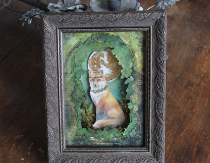 Original Art - Gilded Grove Fox Framed Mixed Media Art | 3D Cut Paper Assemblage Shadow Box Mixed Media