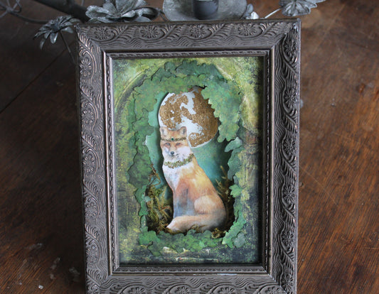 Original Art - Gilded Grove Fox Framed Mixed Media Art | 3D Cut Paper Assemblage Shadow Box Mixed Media