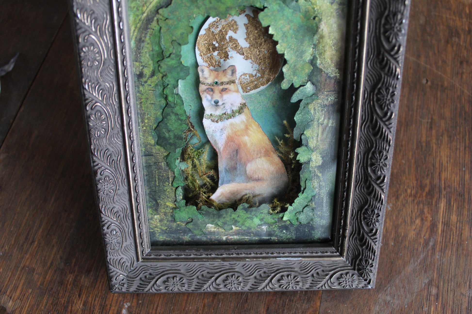 Original Art - Gilded Grove Fox Framed Mixed Media Art | 3D Cut Paper Assemblage Shadow Box Mixed Media