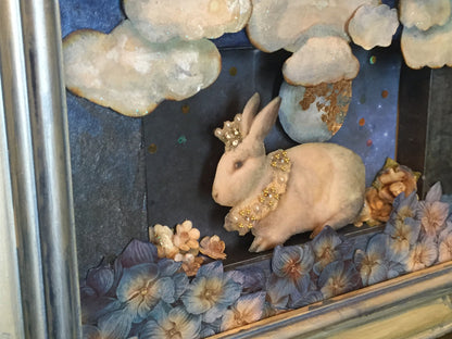 Original Art - White Moon Rabbit Framed Mixed Media | 3D Cut Paper Assemblage Shadow Box