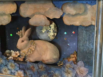 Original Art - White Moon Rabbit Framed Mixed Media | 3D Cut Paper Assemblage Shadow Box