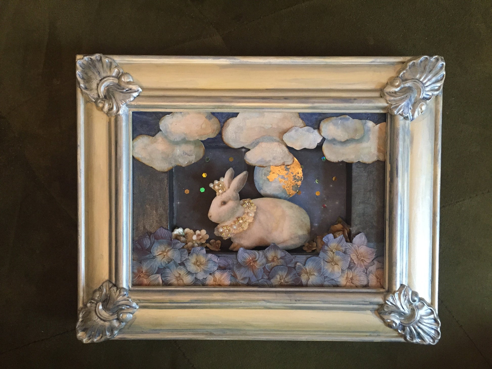 Original Art - White Moon Rabbit Framed Mixed Media | 3D Cut Paper Assemblage Shadow Box