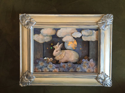 Original Art - White Moon Rabbit Framed Mixed Media | 3D Cut Paper Assemblage Shadow Box