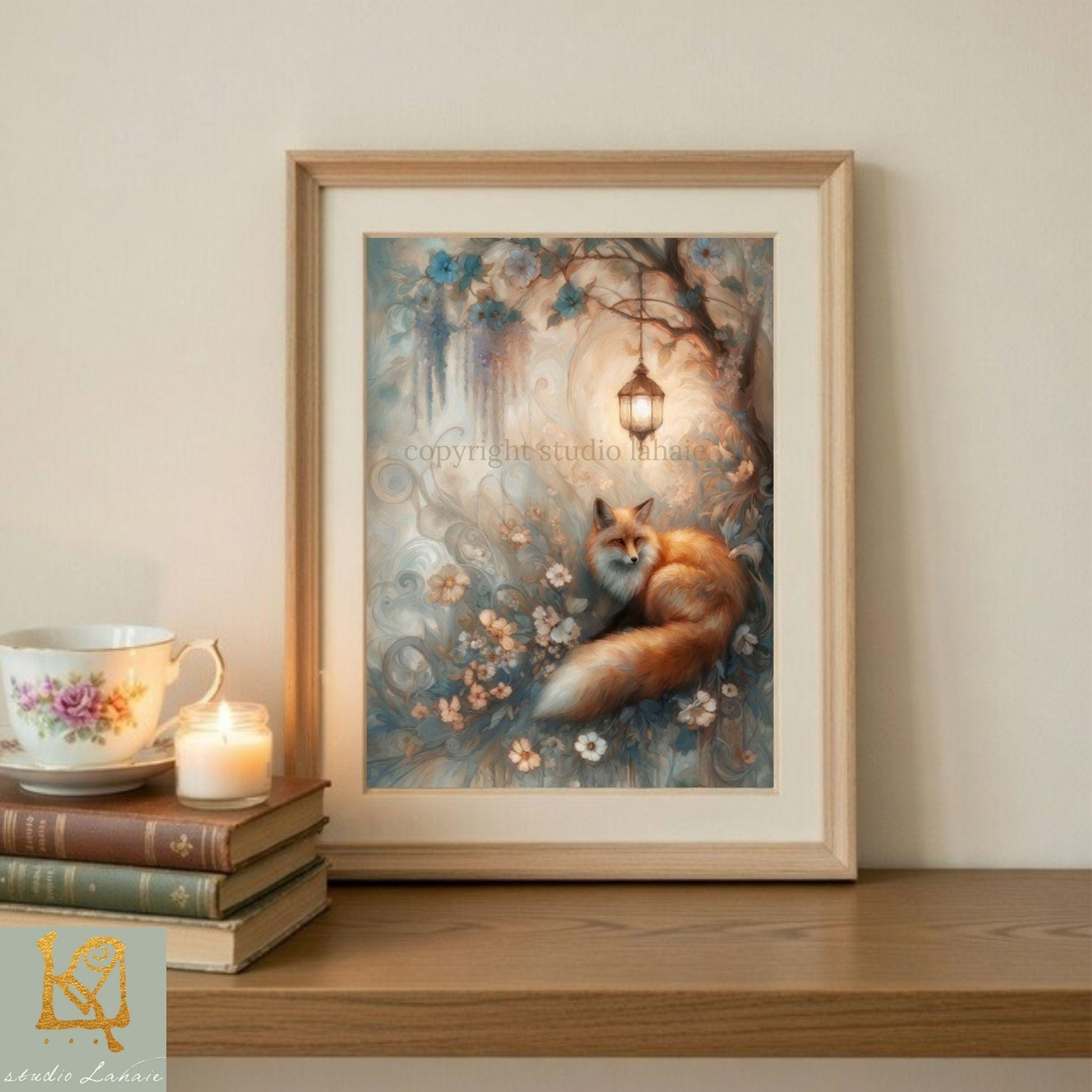 a framed painting of a fox sitting in a garden, surrounded by flowers and a lantern, placed on a wooden shelf next to a stack of books and a teacup.