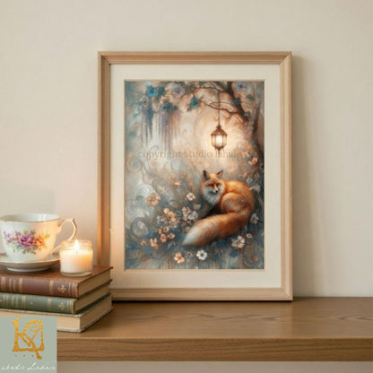 a framed painting of a fox sitting in a garden, surrounded by flowers and a lantern, placed on a wooden shelf next to a stack of books and a teacup.