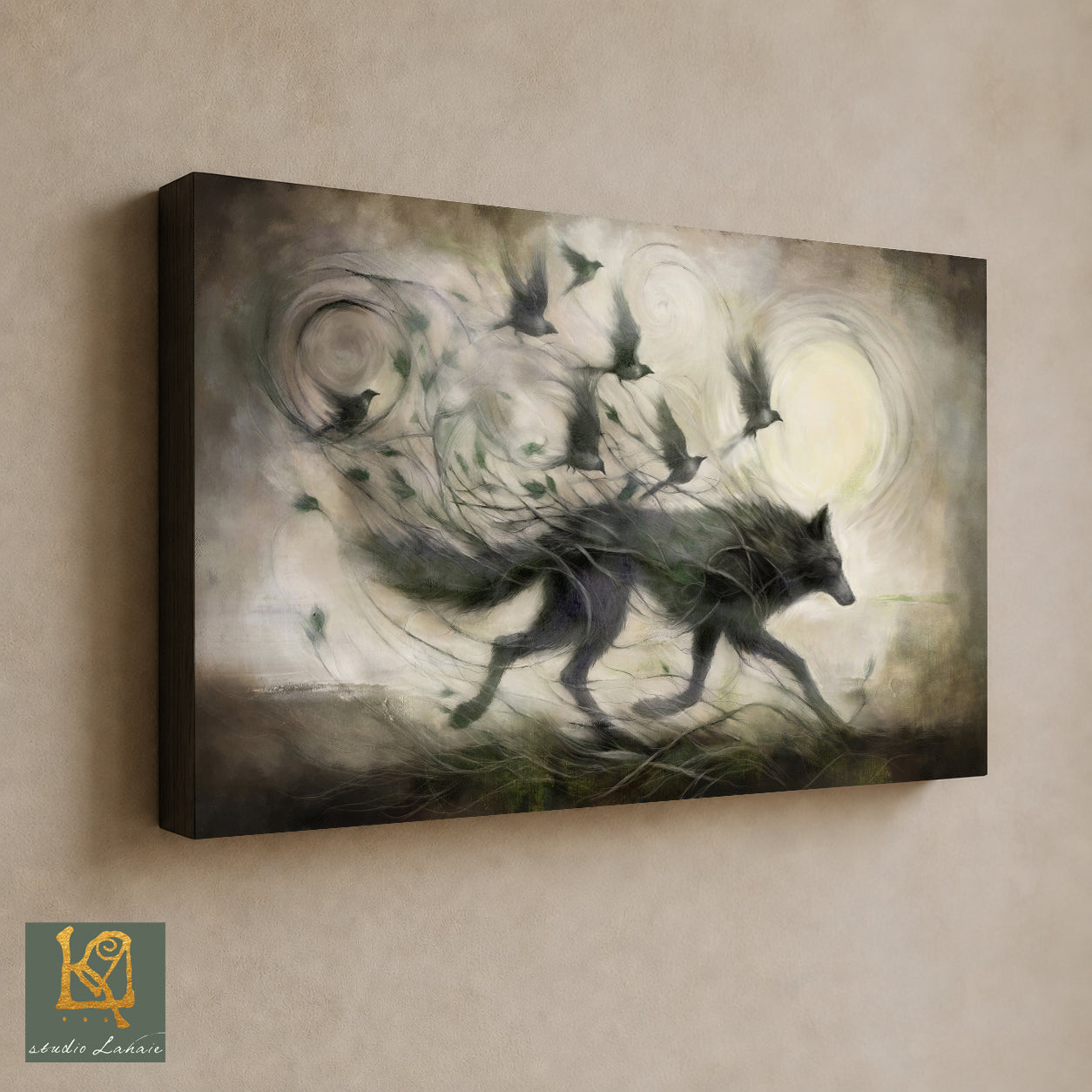 The image is a digital artwork depicting a wolf-like creature with a wolf's head, surrounded by a flock of birds in a swirling, ethereal landscape.