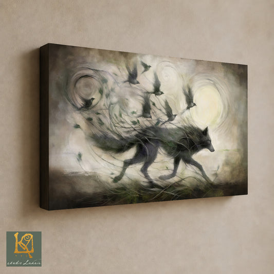 The image is a digital artwork depicting a wolf-like creature with a wolf's head, surrounded by a flock of birds in a swirling, ethereal landscape.