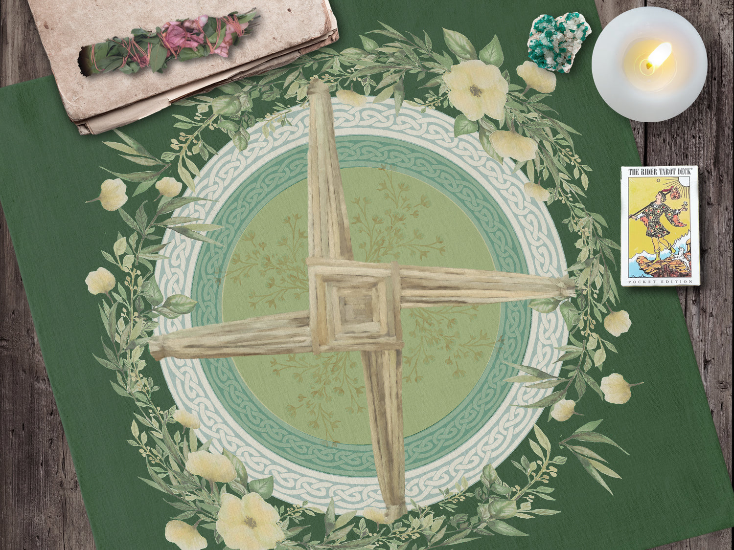 Altar Cloth - Imbolc Tarot Spring Green Brigid Cross Decor 22X22 Inch Twill Square