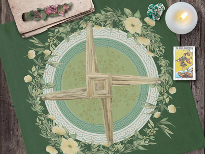 Altar Cloth - Imbolc Tarot Spring Green Brigid Cross Decor 22X22 Inch Twill Square