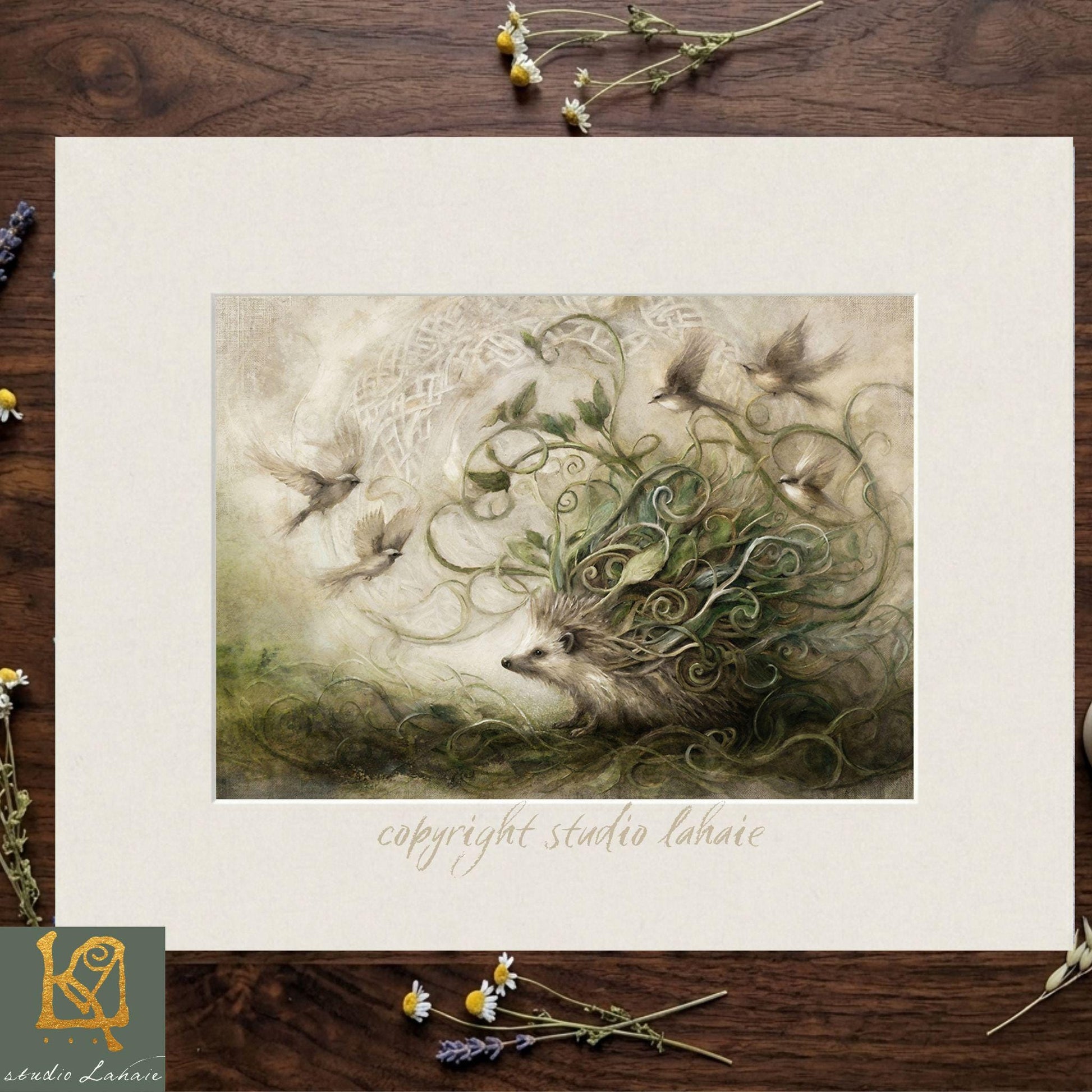 The image is a framed artwork depicting a fantastical creature with a head of green leaves and a bird-like body, surrounded by vines and flowers.