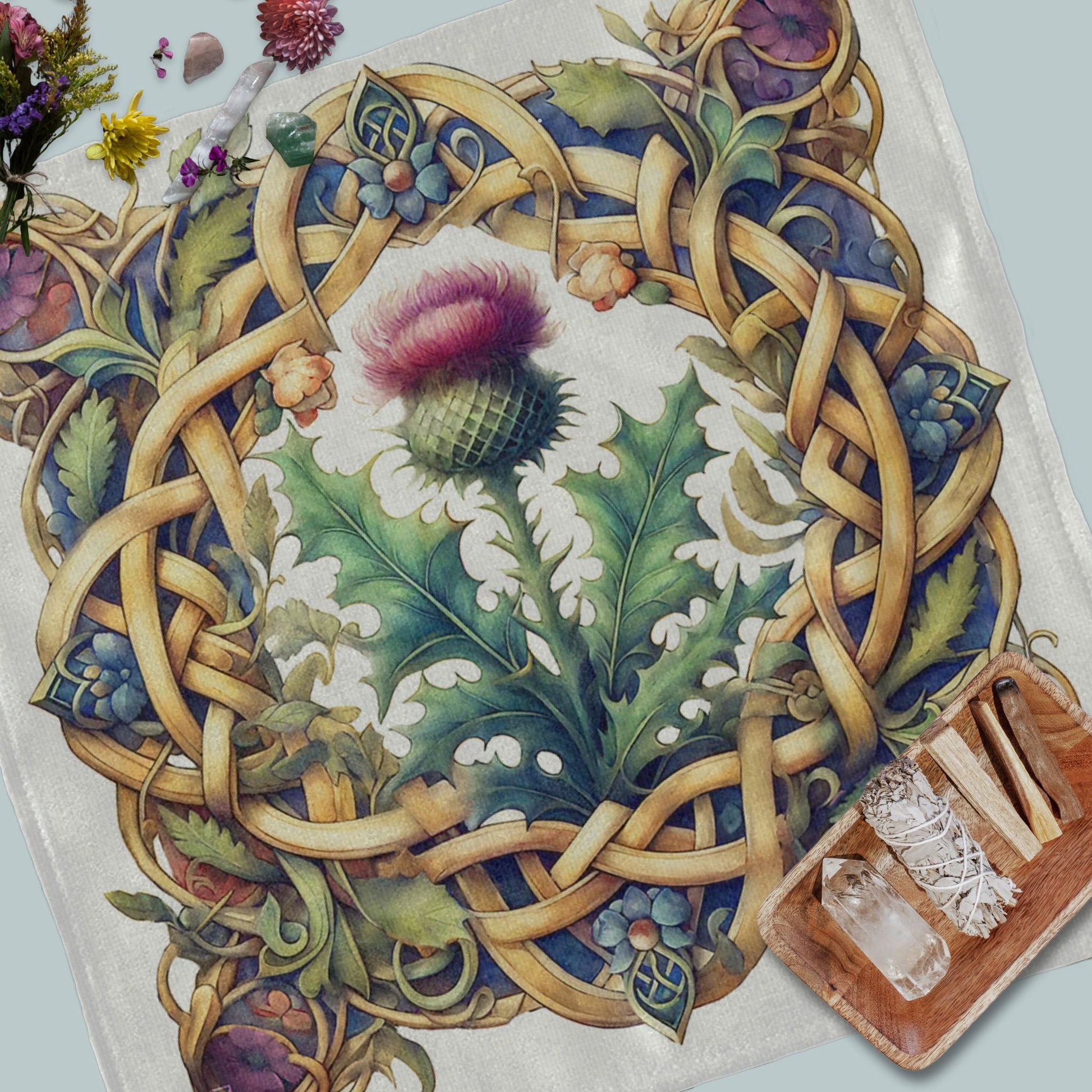 a painting of a thistle surrounded by leaves